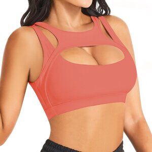 🆕Women Bright Pink Nylon Push Up Sports Bra Sexy Hollow Crop Top Medium Support